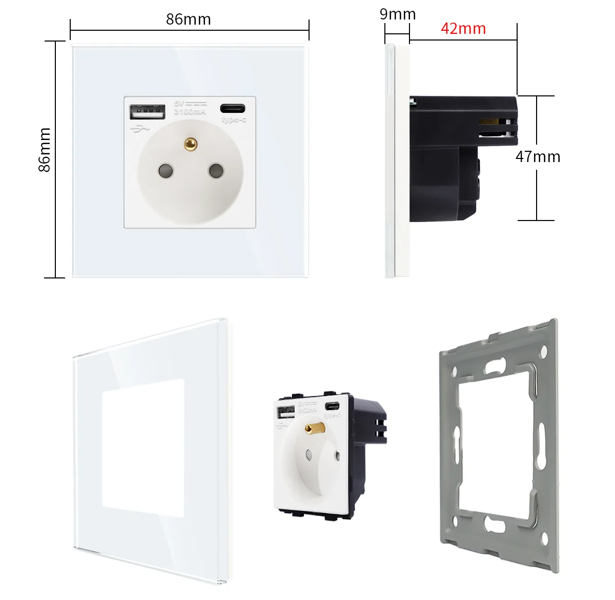 Rozmery a komponenty elektricke zasuvky s usb portem