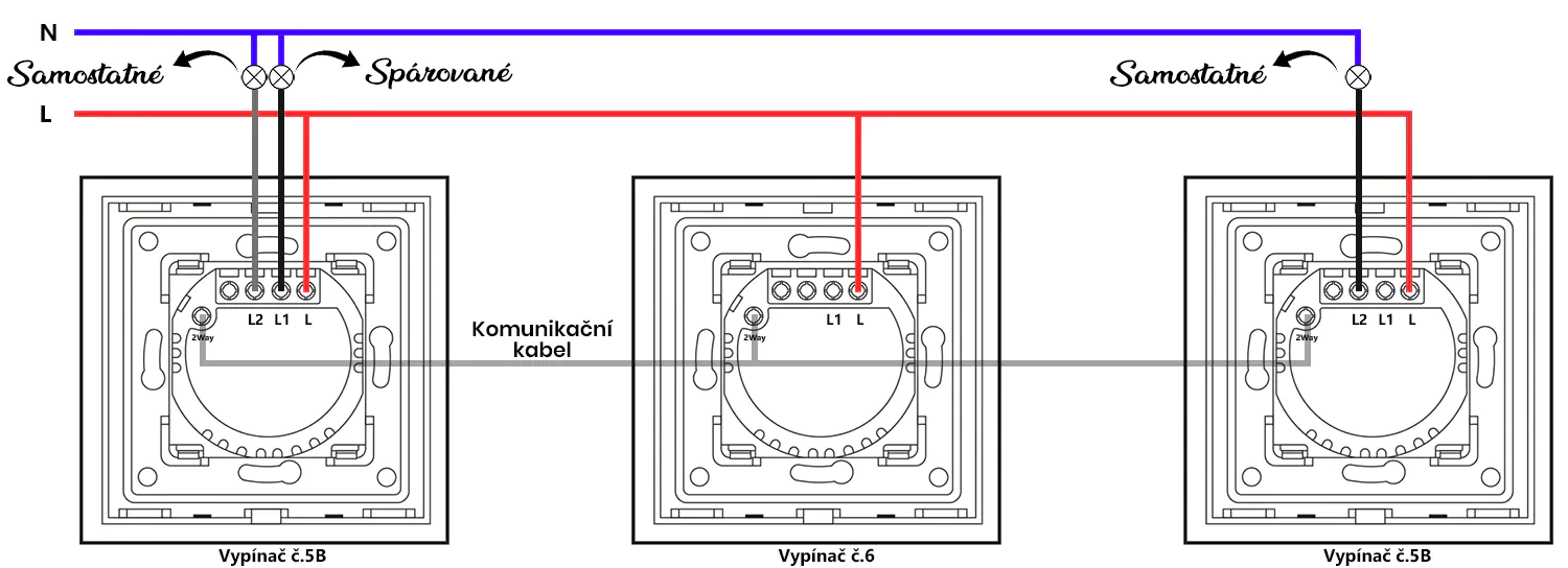 Schéma zapojení schodišťových dotykových vypínačů Revolo Touch c.5B+6+5B